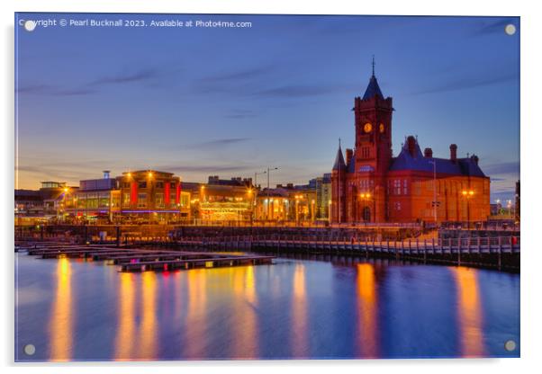 Wales Cardiff Bay Waterfront Night Scene Acrylic by Pearl Bucknall