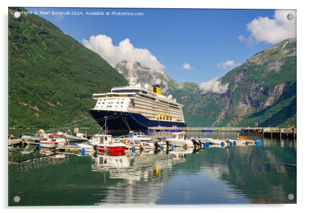 Cruise Ship in Geiranger Fjord Norway  Acrylic by Pearl Bucknall