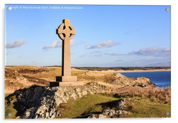Llanddwyn Island Celtic Cross Anglesey Acrylic by Pearl Bucknall