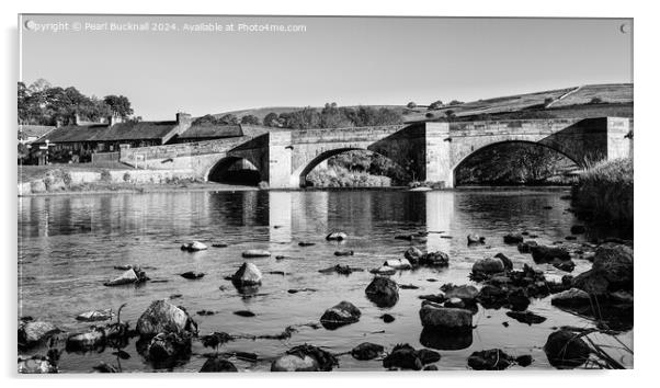 River Wharfe Burnsall  Yorkshire Black and White Acrylic by Pearl Bucknall