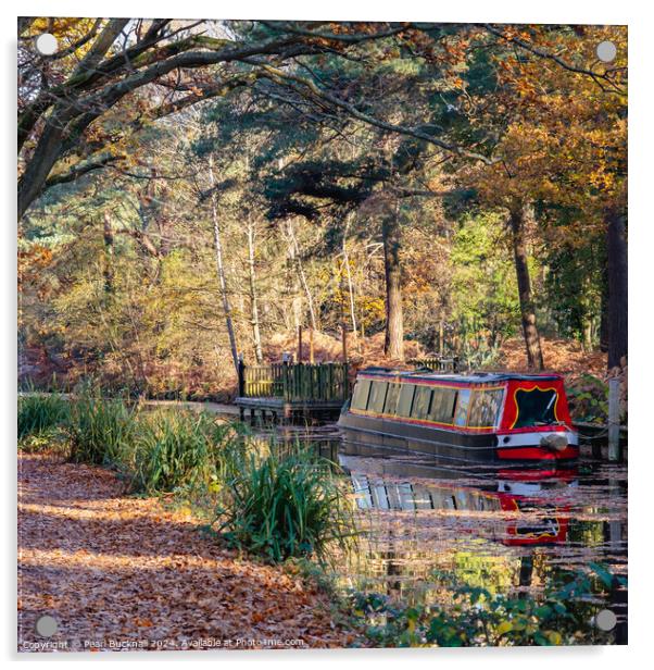 Canal Boat on the Basingstoke Canal in Autumn Acrylic by Pearl Bucknall