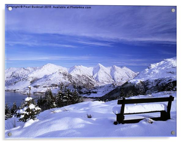 Bench looking to Five Sisters of Kintail in Snow Acrylic by Pearl Bucknall