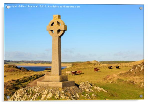 Llanddwyn Celtic Cross and Ponies Acrylic by Pearl Bucknall