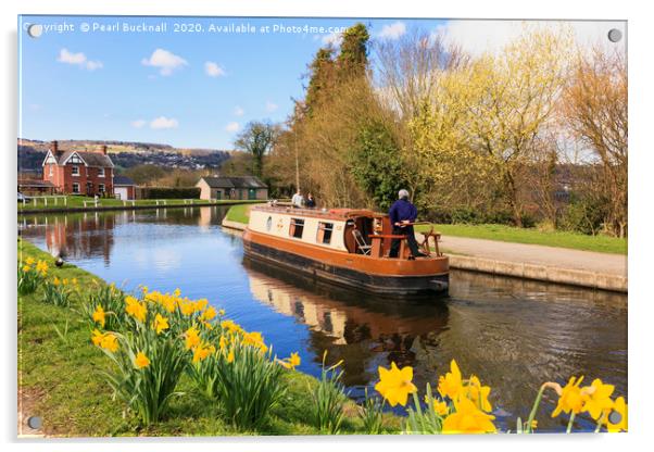 Llangollen Canal Boat in Spring Acrylic by Pearl Bucknall