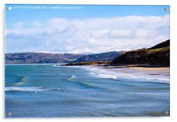 Benllech Beach Anglesey and Snowy Mountains Acrylic by Pearl Bucknall