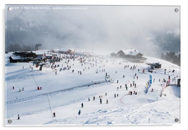Skiing at Samoens-Morillon ski area France Acrylic by Pearl Bucknall