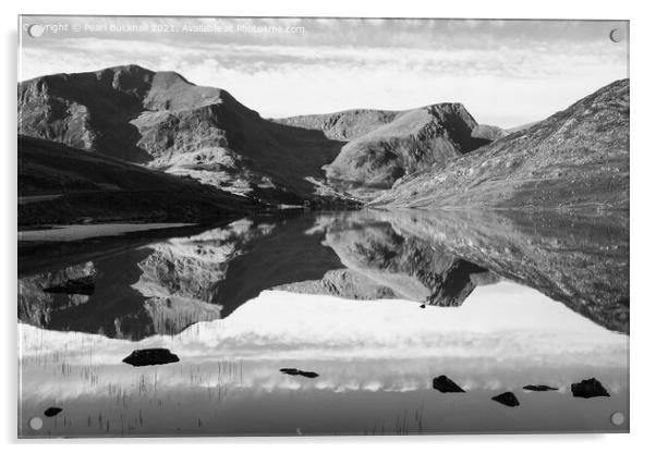 Monochrome Llyn Ogwen Mountain Reflections Wales Acrylic by Pearl Bucknall