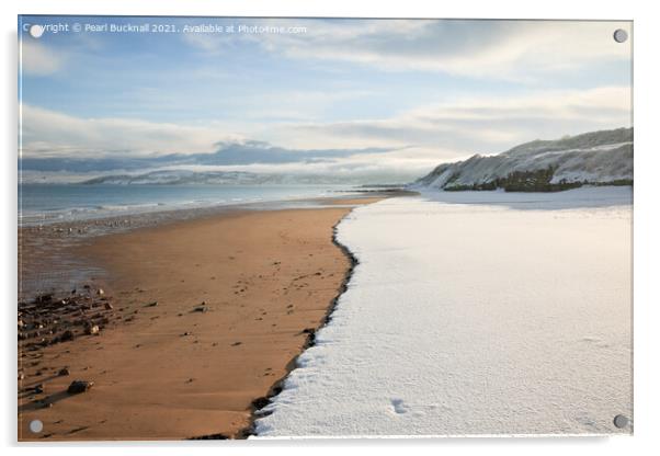 Benllech Beach with Snow Acrylic by Pearl Bucknall