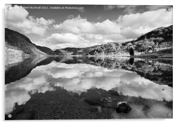 Monochrome Llyn Dinas Lake in Snowdonia Acrylic by Pearl Bucknall