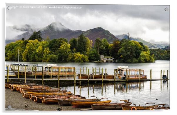Derwentwater Boats and Catbells in Lake District Acrylic by Pearl Bucknall