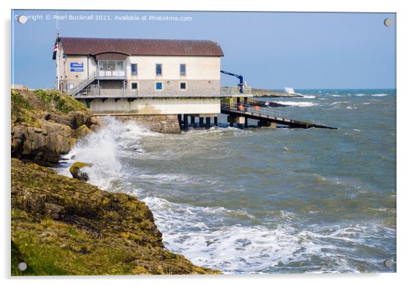 Moelfre Lifeboat Station in Choppy Seas Anglesey Acrylic by Pearl Bucknall