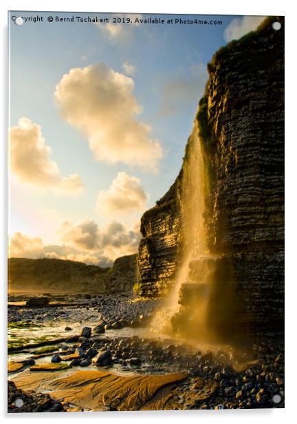 Sunset Waterfall, cliff, Nash Point, Wales, UK Acrylic by Bernd Tschakert
