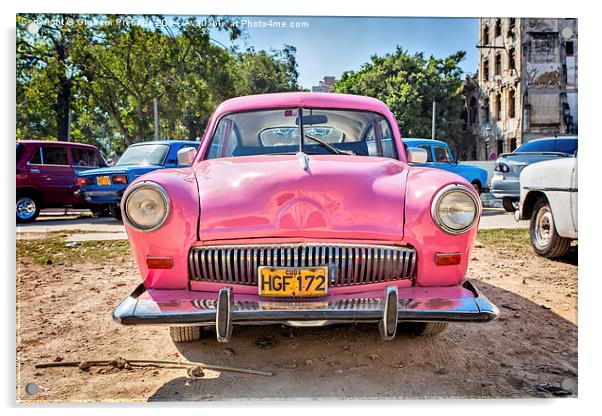  A Very Pink Classic Vintage Car In Havana, Cuba Acrylic by Graham Prentice