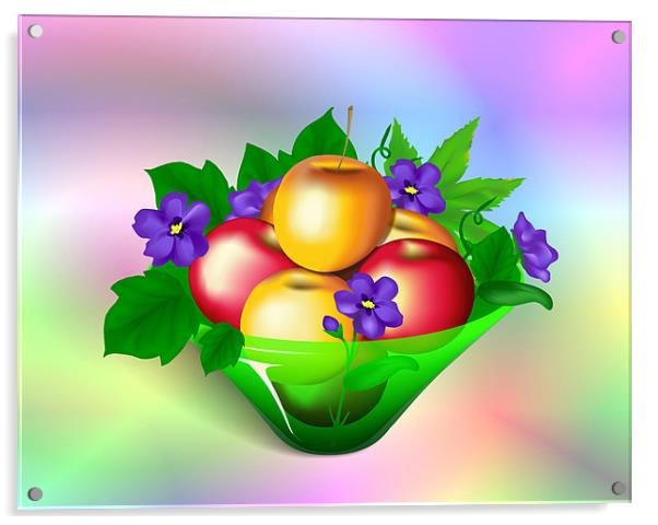 Apples & Violets in Vase Acrylic by Lidiya Drabchuk