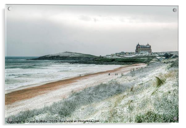 Fistral Beach under Snow Acrylic by Diane Griffiths