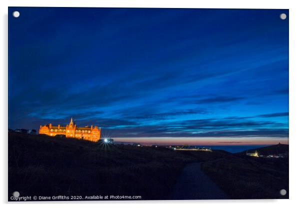 The Headland Hotel at Dusk Newquay Acrylic by Diane Griffiths