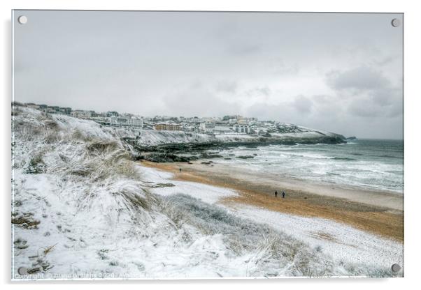 Fistral Beach towards Pentire under snow Acrylic by Diane Griffiths