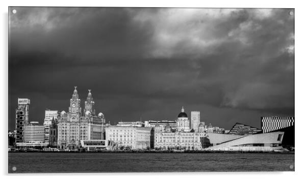 Dark sky over the Liverpool waterfront in black and white Acrylic by Jason Wells