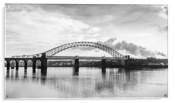 Runcorn Bridges spanning the Mersey Estuary in monochrome Acrylic by Jason Wells