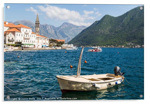 Small boat moored in Perast Acrylic by Jason Wells