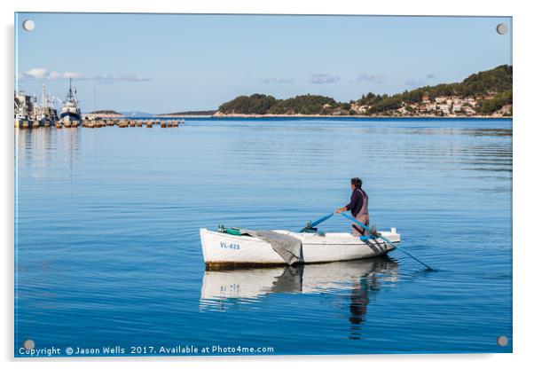 Reflections of a fishing boat at Vela Luka Acrylic by Jason Wells