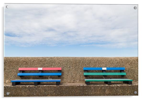 Pair of colourful benches on Wallasey promenade Acrylic by Jason Wells