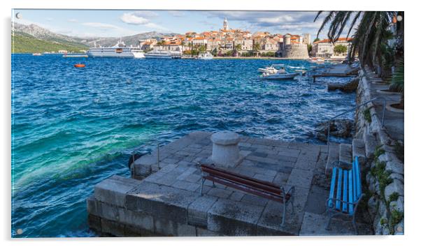 Benches beside the old town of Korcula Acrylic by Jason Wells