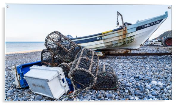 Fishing boat with its crab and lobser pots on the shore Acrylic by Jason Wells