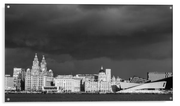 Dramatic sky above the Liverpool skyline in monochrome Acrylic by Jason Wells