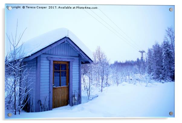 A Blue Wooden Cabin on a Carpet of Fresh Snow  Acrylic by Teresa Cooper