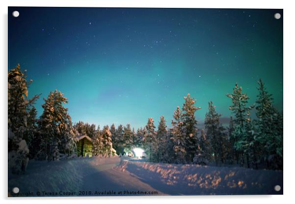 A wooden cabin under the Aurora Borealis  Acrylic by Teresa Cooper