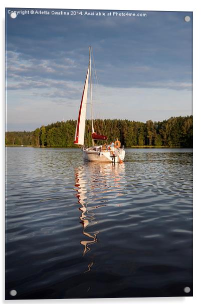 One white boat sailing view Acrylic by Arletta Cwalina