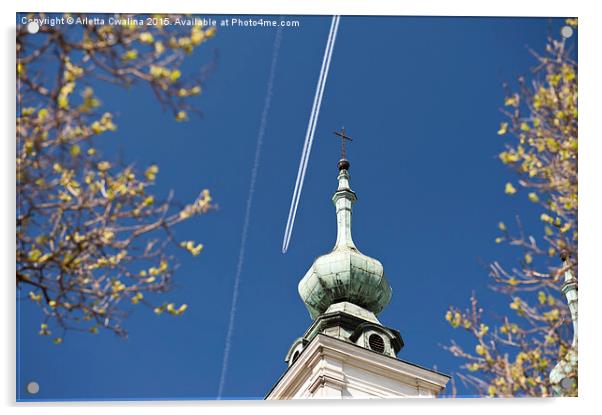 Aeroplane contrails and cross Acrylic by Arletta Cwalina