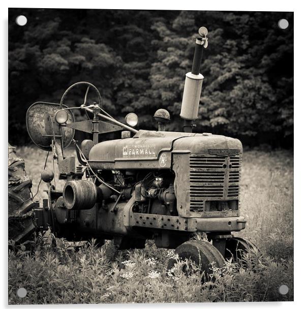 Old Tractor Black and White Square Acrylic by Edward Fielding