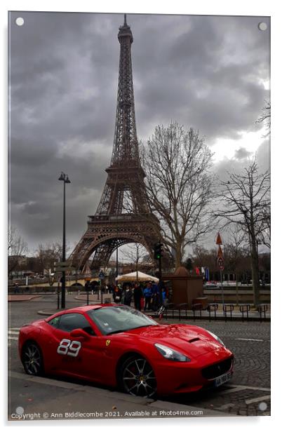 Red Ferrari in front of the Eiffel Tower Acrylic by Ann Biddlecombe