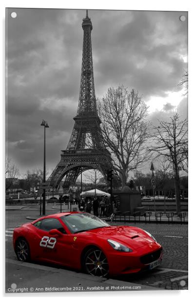 Beautiful Ferrari in front of the Eiffel Tower Acrylic by Ann Biddlecombe