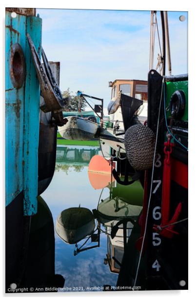 Reflections between barges Acrylic by Ann Biddlecombe