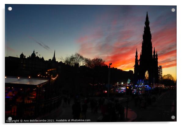 Sunset over Scott monument in Edinburgh  Acrylic by Ann Biddlecombe