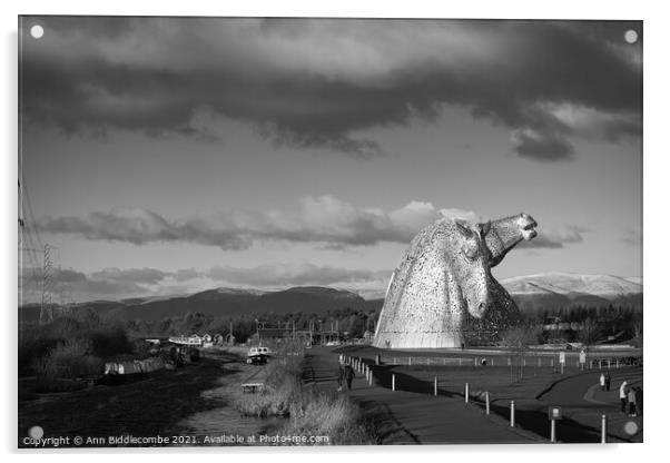 Monochrome view of the hills behind the Kelpies in Acrylic by Ann Biddlecombe