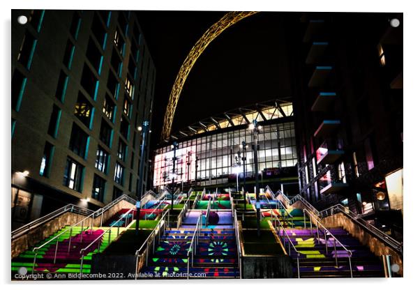 Colourful steps to Wembley Stadium  Acrylic by Ann Biddlecombe