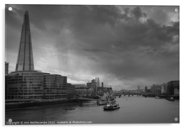 Monochrome View from Tower bridge just one of the  Acrylic by Ann Biddlecombe