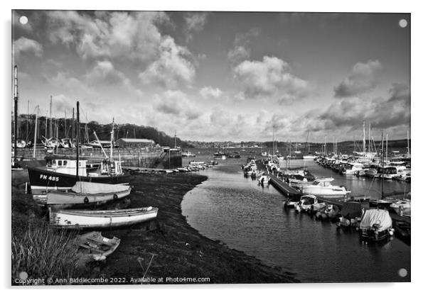 Monochrome Mylor port harbour with the tide out Acrylic by Ann Biddlecombe