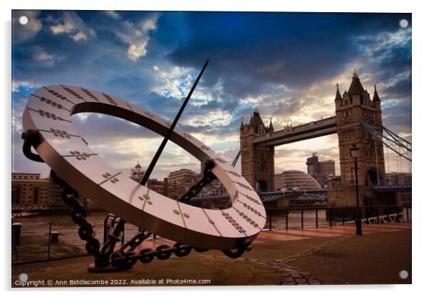 Sundial with tower bridge  Acrylic by Ann Biddlecombe
