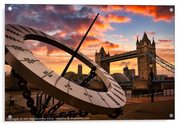 Sundial with tower bridge sunset skys in London Acrylic by Ann Biddlecombe