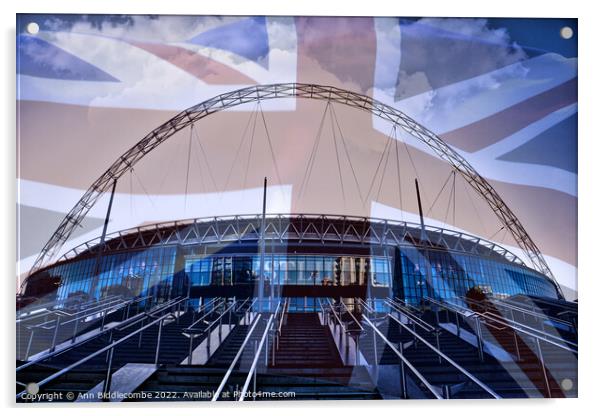Wembley Stadium with faded Union Jack Acrylic by Ann Biddlecombe
