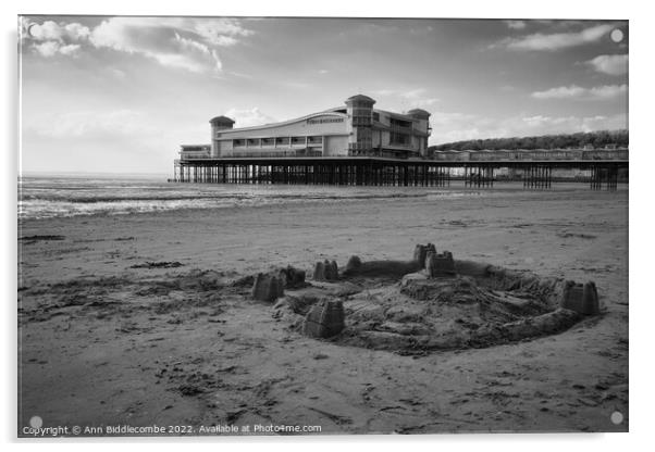 Weston-Super-Mare  sand castle in black and white Acrylic by Ann Biddlecombe