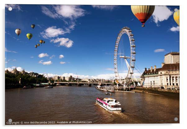 London eye as hot air balloon's fly over Acrylic by Ann Biddlecombe