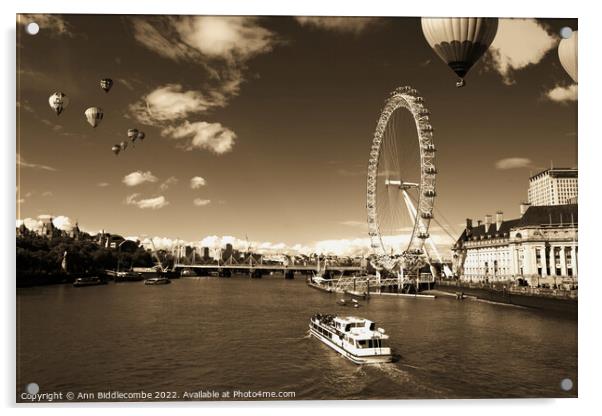 Sepia  London eye as hot air balloon's fly over Acrylic by Ann Biddlecombe