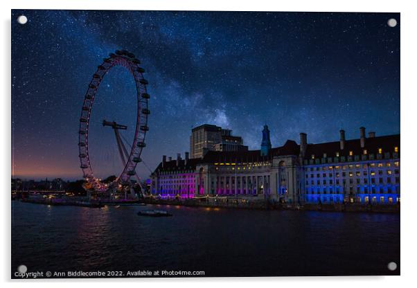 London eye at night Acrylic by Ann Biddlecombe