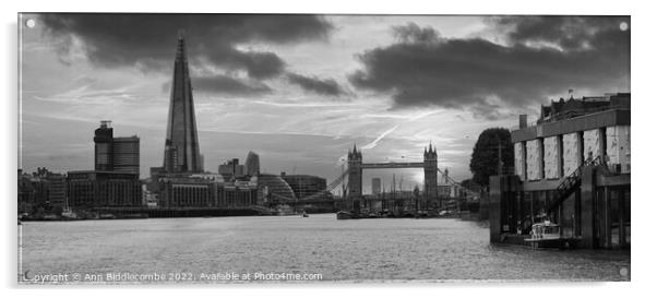 The shard and tower bridge from on the river Thames Acrylic by Ann Biddlecombe